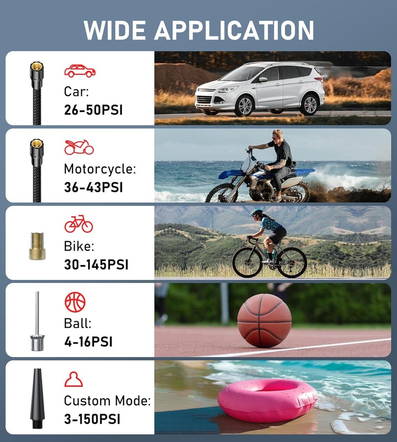 InflaVive Tire Inflator Portable Air Compressor, 3X Fast Inflate Cordless Air Pump for Car Tires with LED Light, 150PSI Portable Electric Pump with Digital Pressure Gauge, for Bike Motorcycle Car Ball - Image 5